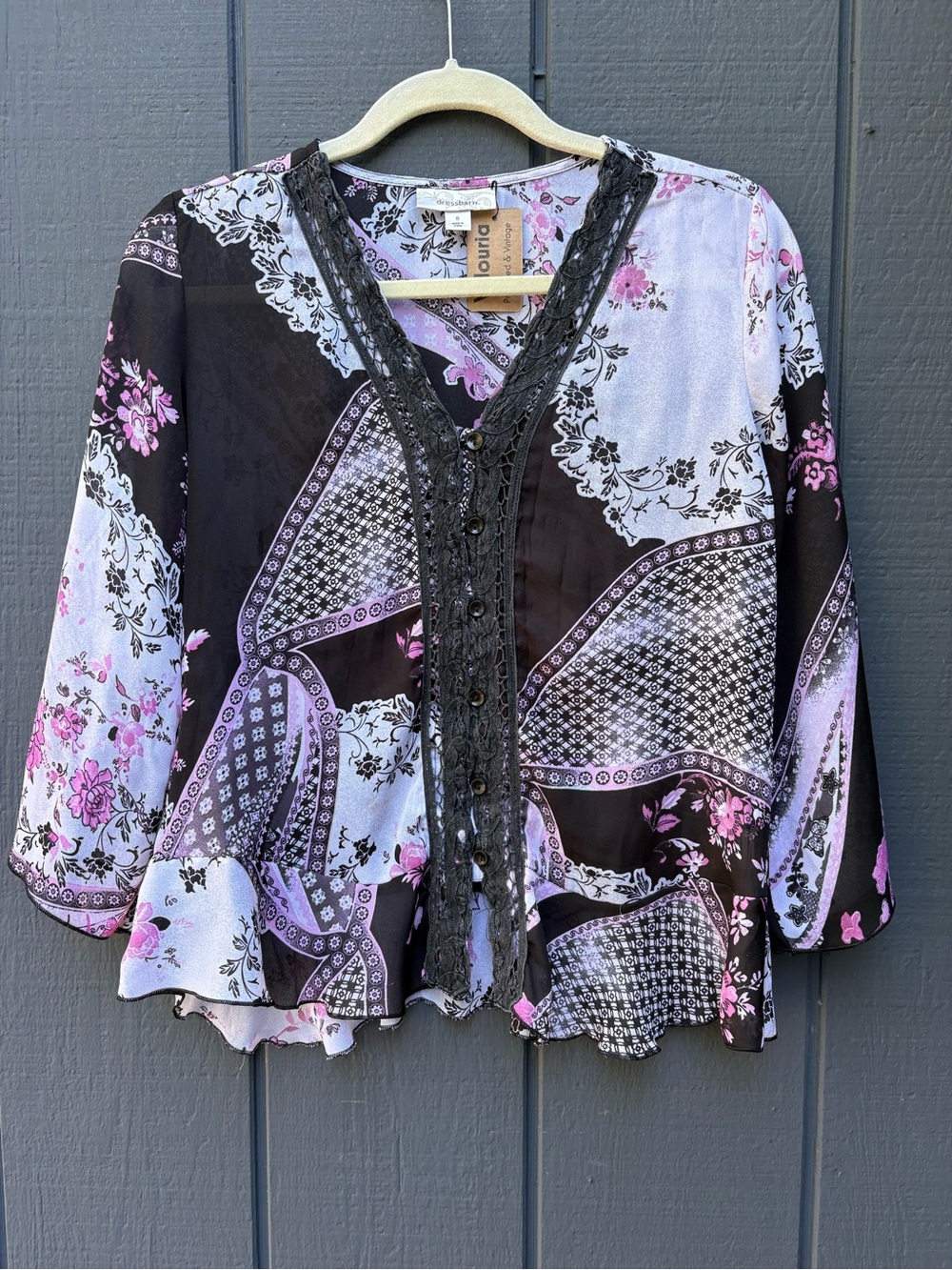 Y2K Boho Floral Patchwork Button-Front Blouse in Lavender and Black